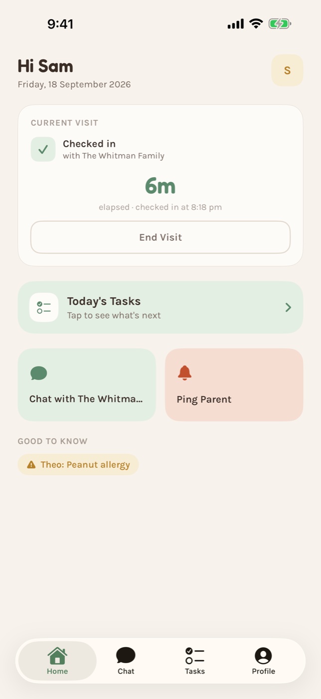 GiggleGuardian sitter home with visit timer and task progress