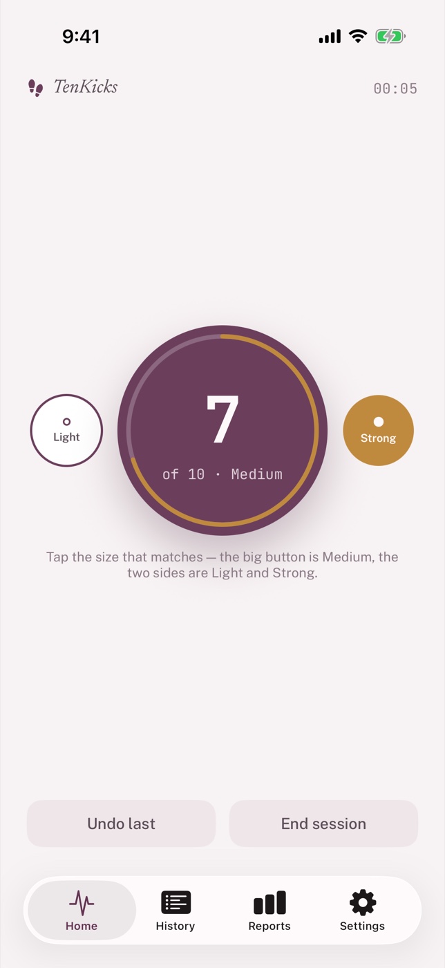 TenKicks counting screen at seven of ten movements